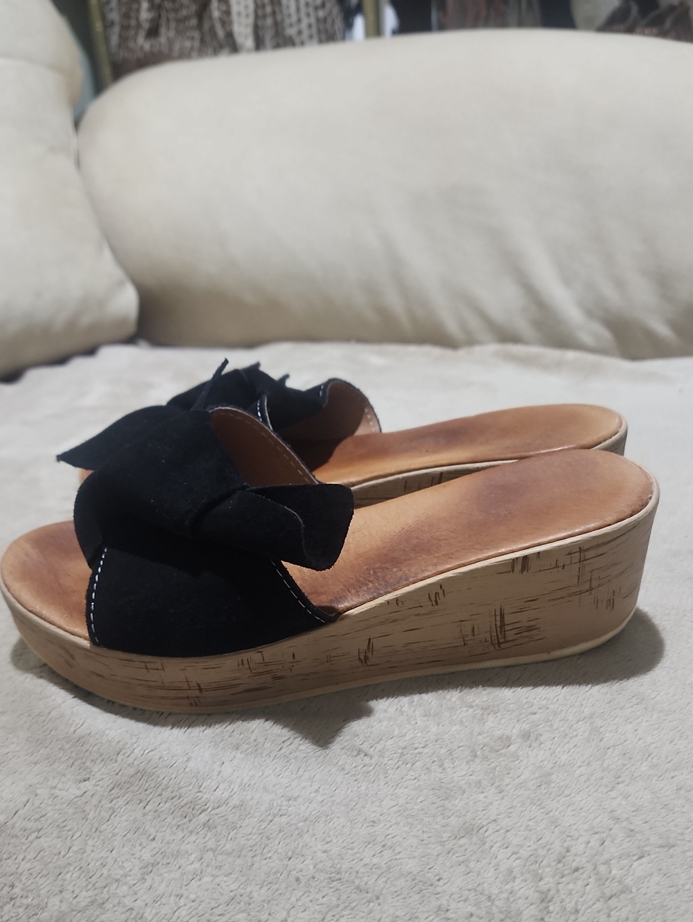 Black Bow Cork Wedge Slide Sandals - Women - Picture 5 of 9